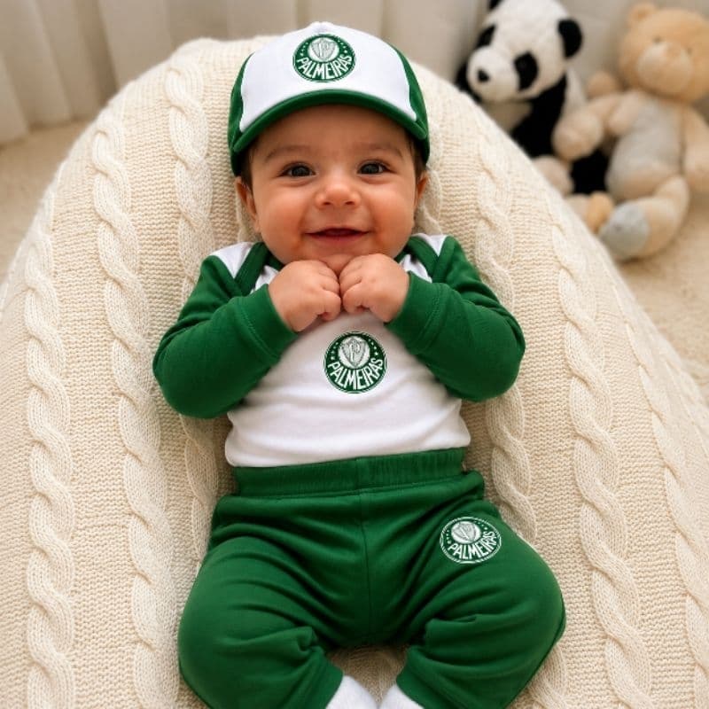 Conjunto Bebê Palmeiras Masculino RN a 2 Meses – Body Manga Longa, Calça e Boné