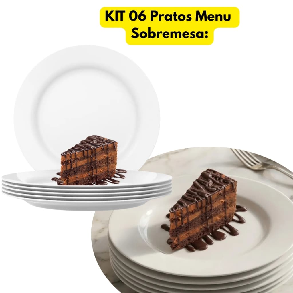 Jogo Kit 06 Pratos Vidro Duralex Branco Menu Sobremesa Redondo Liso Opaline Servir Padaria Bar