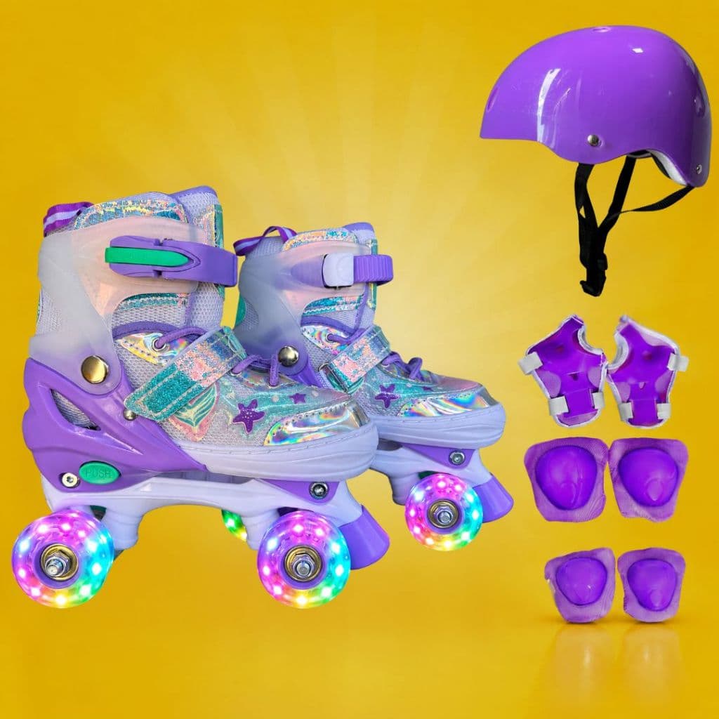 Patins Quad 4 Rodas Estrela do Mar Holográfico Com Led + Bolsa + KIT DE PROTEÇÃO