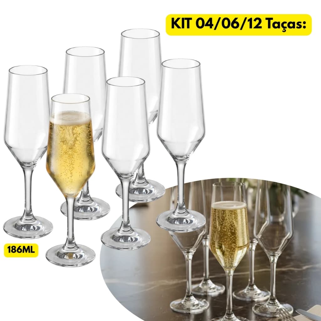 Jogo 04/06/12 Taça Vidro Cristalino Buffet 186ML Champanhe Espumante Vinho Branco Bar Restaurante