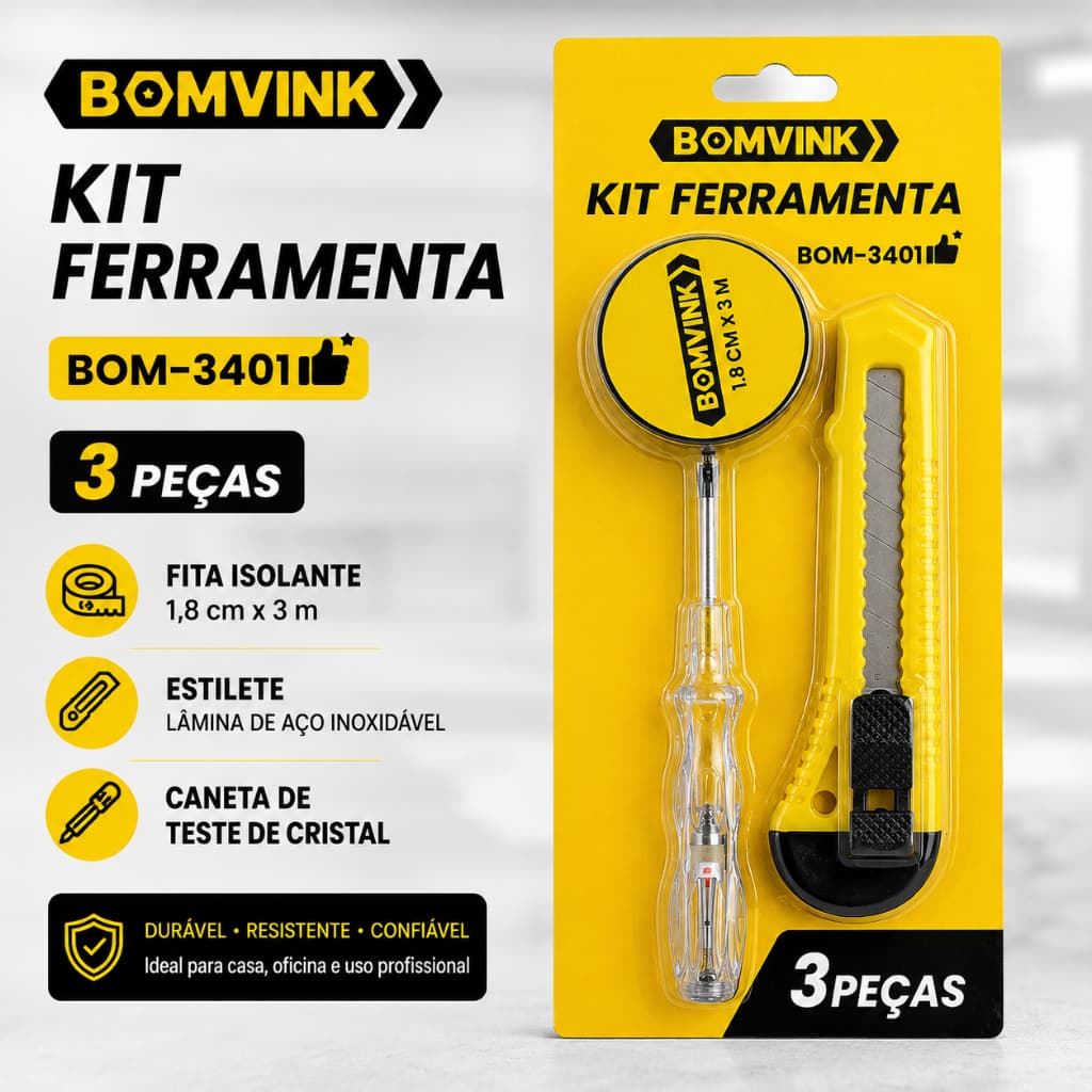 Kit Ferramenta BOMVINK 3 Peças Estilete Fita Isolante Caneta Teste BOM-3401