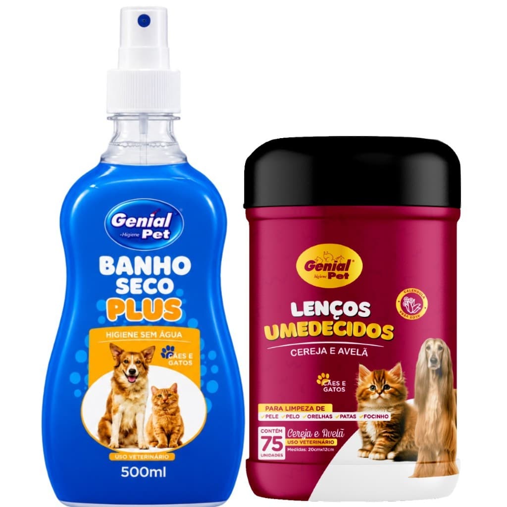 Kit Banho a Seco Banho Sem Enxágue + Lenço Umedecido para Cães e Gatos Genial Pet