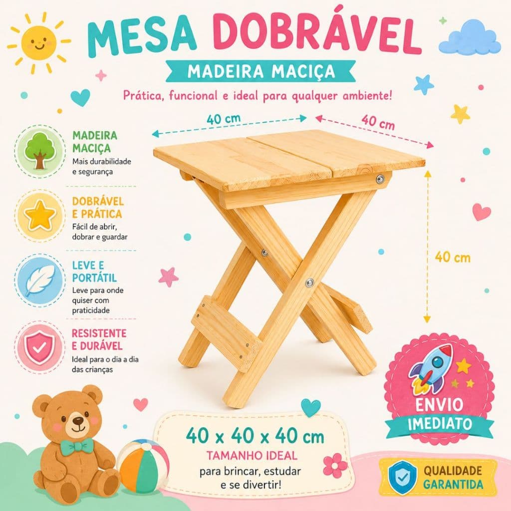 Mesa Infantil Dobravel Madeira Compacta Crianças Pratica