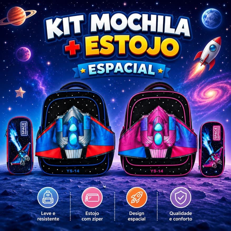 Kit Mochila + Estojo Espaço Nave Alien Astronauta Neoprene Escolar Creche Passeio Criança Menino Menina