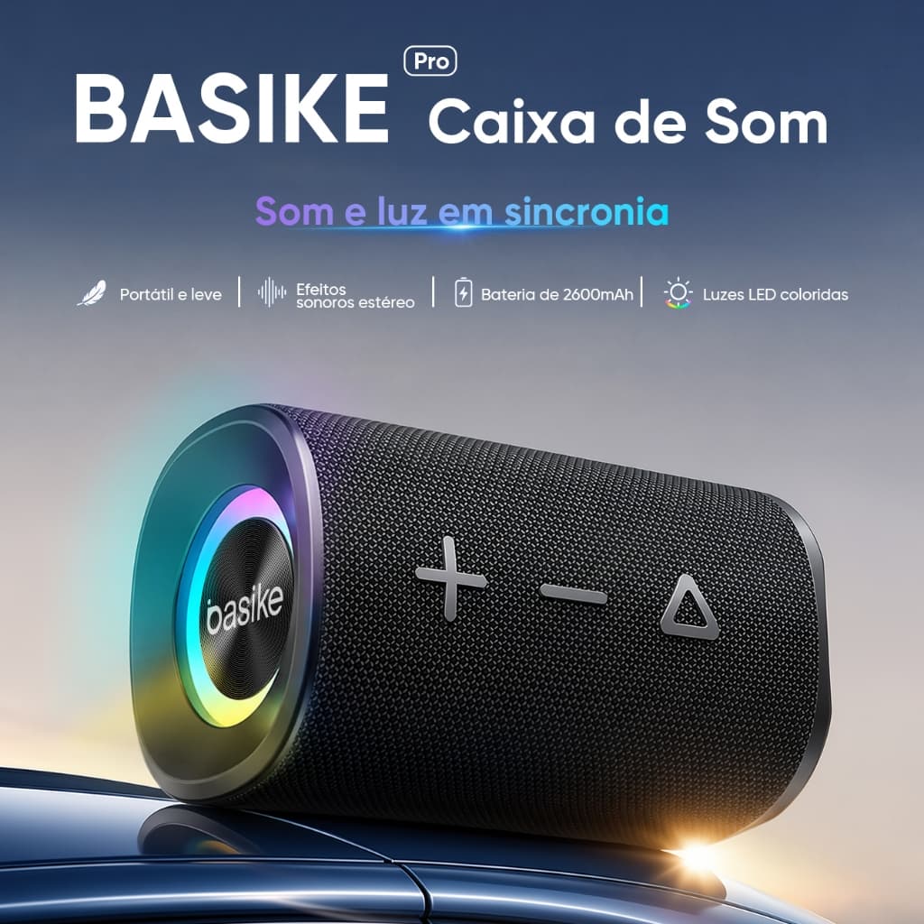 Basike Caixa de Som Bluetooth 20W Portátil RGB TWS IPX5 Super Bass Speaker Som Potente
