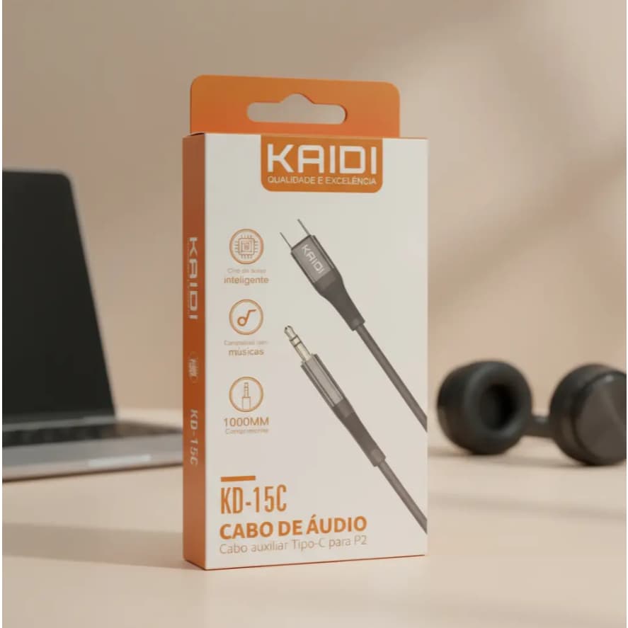 Cabo USB-C para P2 3,5mm Kaidi KD-15C Adaptador de Áudio Auxiliar Original