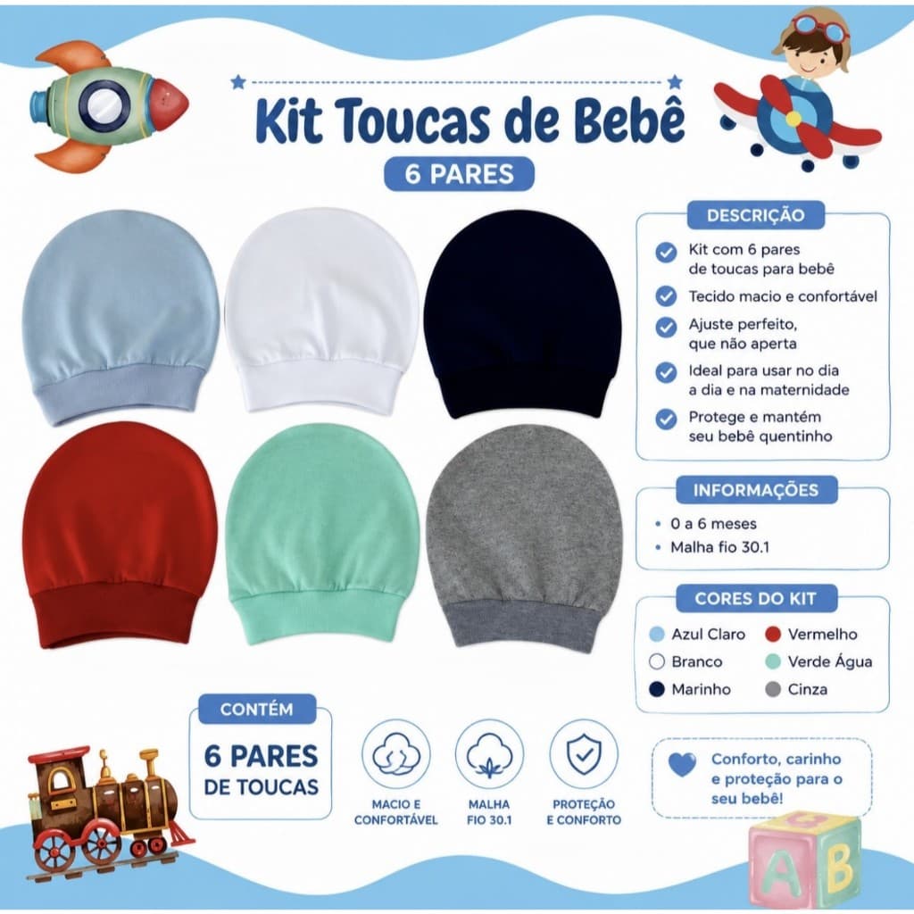 Kit Toucas para Bebê Recém Nascido Temos 2 Opções kit 3 e 6 pecas Malha Hipoalergênico 100% Algodão.