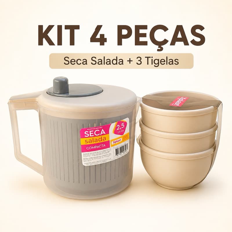Kit Salada Xplast 4 Peças Seca Salada Centrífuga 2,5L + 3 Tigelas 700ml Bege