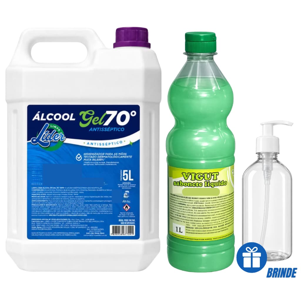 Álcool Gel 70 Antisséptico Limpa Líder 5L Higienizador Para Mãos Galão Econômico + Sabonete Líquido 1L + Brinde