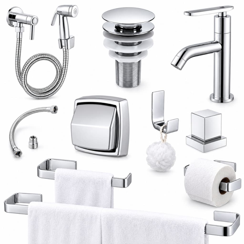 Kit Acessórios Banheiro Cromado Completo Torneira Ducha Higiênica Válvula Click Toalheiro Papeleira Saboneteira