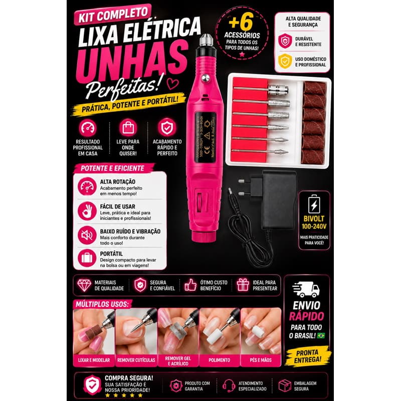 Kit Lixa Elétrica de Unhas Profissional Bivolt com 6 Brocas e Lixas para Manicure Pedicure