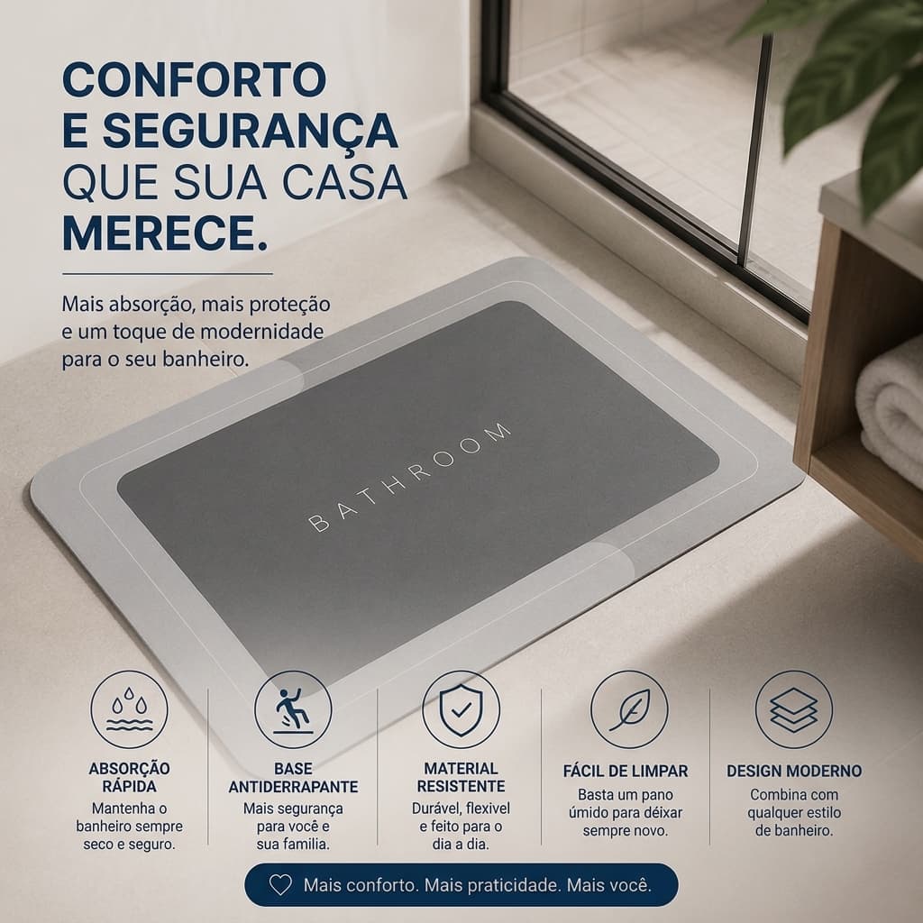Tapete Mágico de Banheiro Super Absorvente Antiderrapante Secagem Rápida