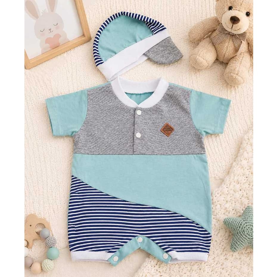 Macacão Curto Bebê Menino Com Boné Listrado Algodão Fresco RN A 4 Meses Roupa Verão