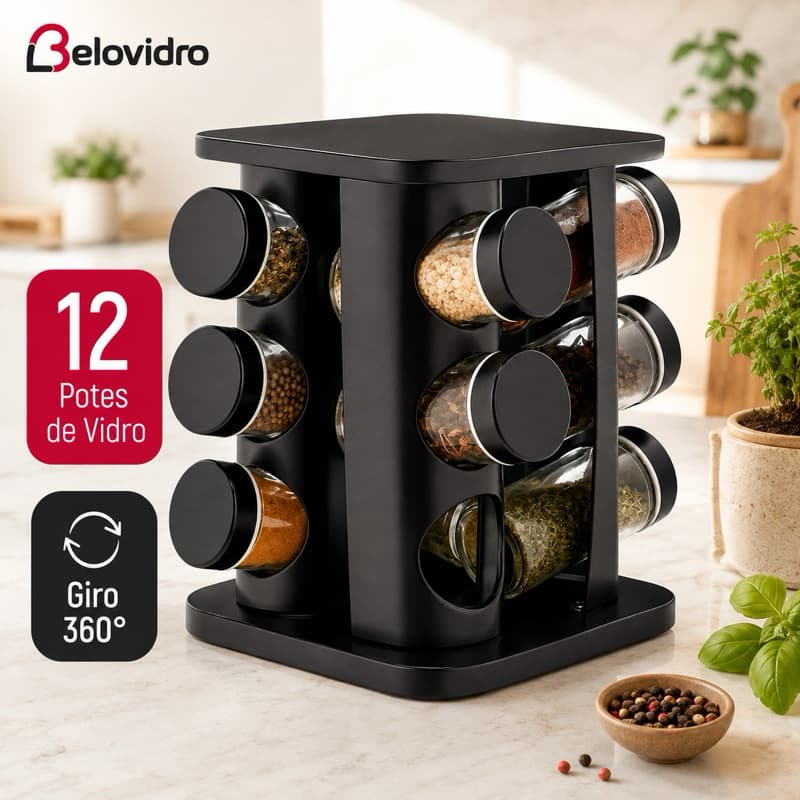 Porta Condimentos Giratório Belovidro 12 Potes 85ml Vidro 360° Organizador de Temperos Cozinha