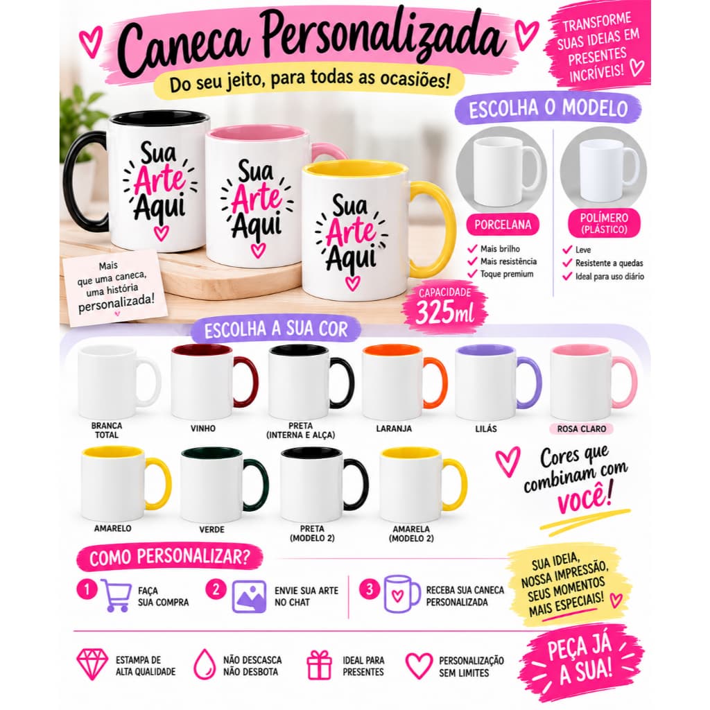 Caneca de Porcelana Personalizada 325ml Com Sua Arte ou Foto