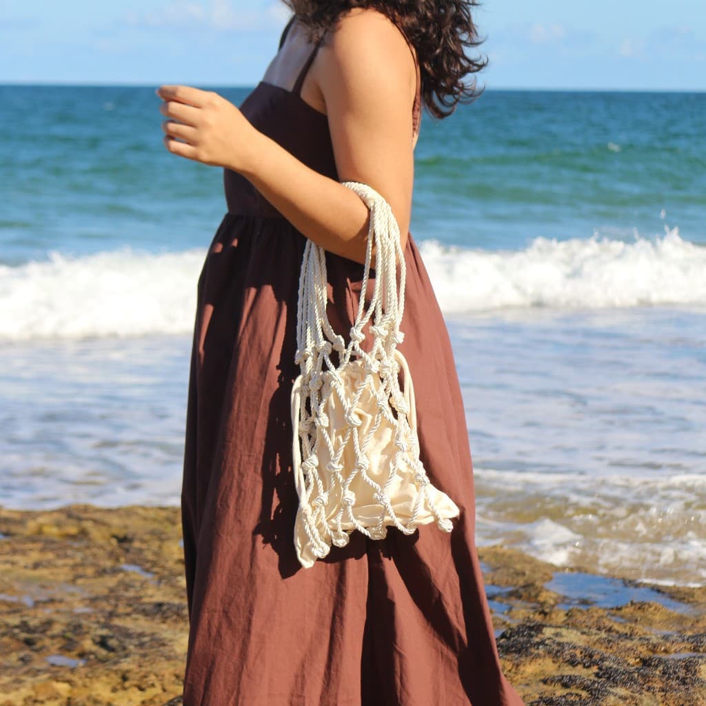 Bolsa Feminina de Macramê Artesanal de Ombro | Bolsa Praia Boho em Algodão Bege Off-White