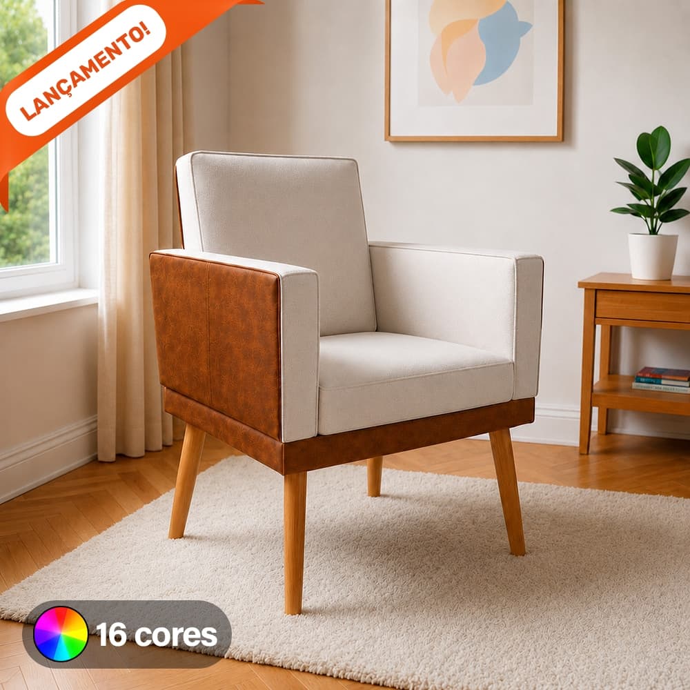 Poltrona para Sala Decorativa Lis Corino Peroba e Suede Aninha Decor