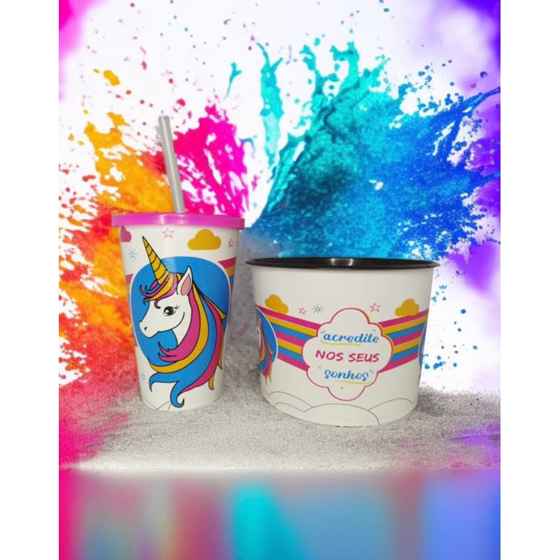 KIT UNICÓRNIO – PIPOQUEIRA E COPO DECORADOS 🦄🌈