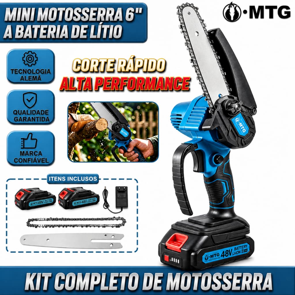 Motosserra Elétrica 48V Bivolt Sem Fio Kit Completo c/ 2 Baterias para Jardim e Podas Profissionais