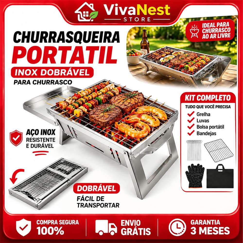 Churrasqueira de Aço Inoxidável Portátil e Dobrável–Resistente ao Calor+30 para Churrasco