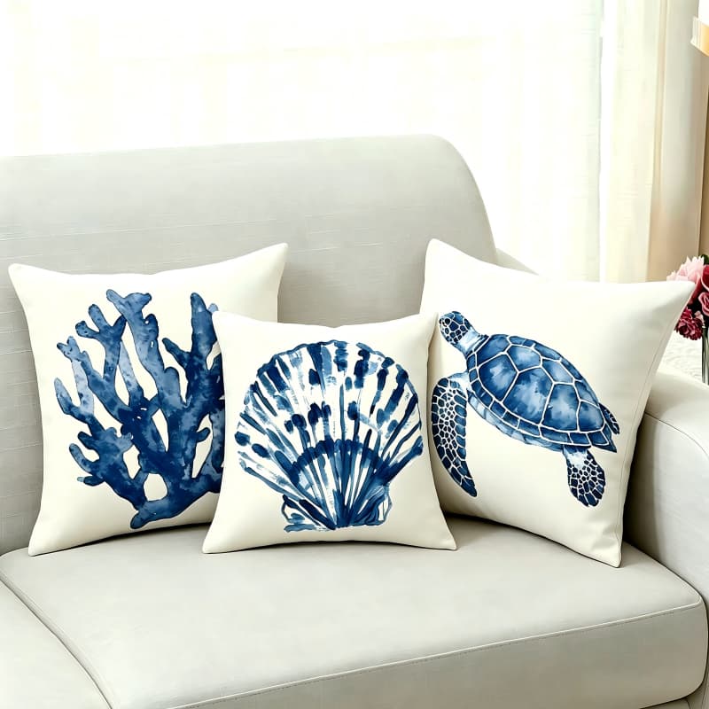 40x40 45x45Almofada Decorativa Marinhas Frente Única Dupla Face Poliéster Enchimento Incluso Concha Tartaruga Coral Laço