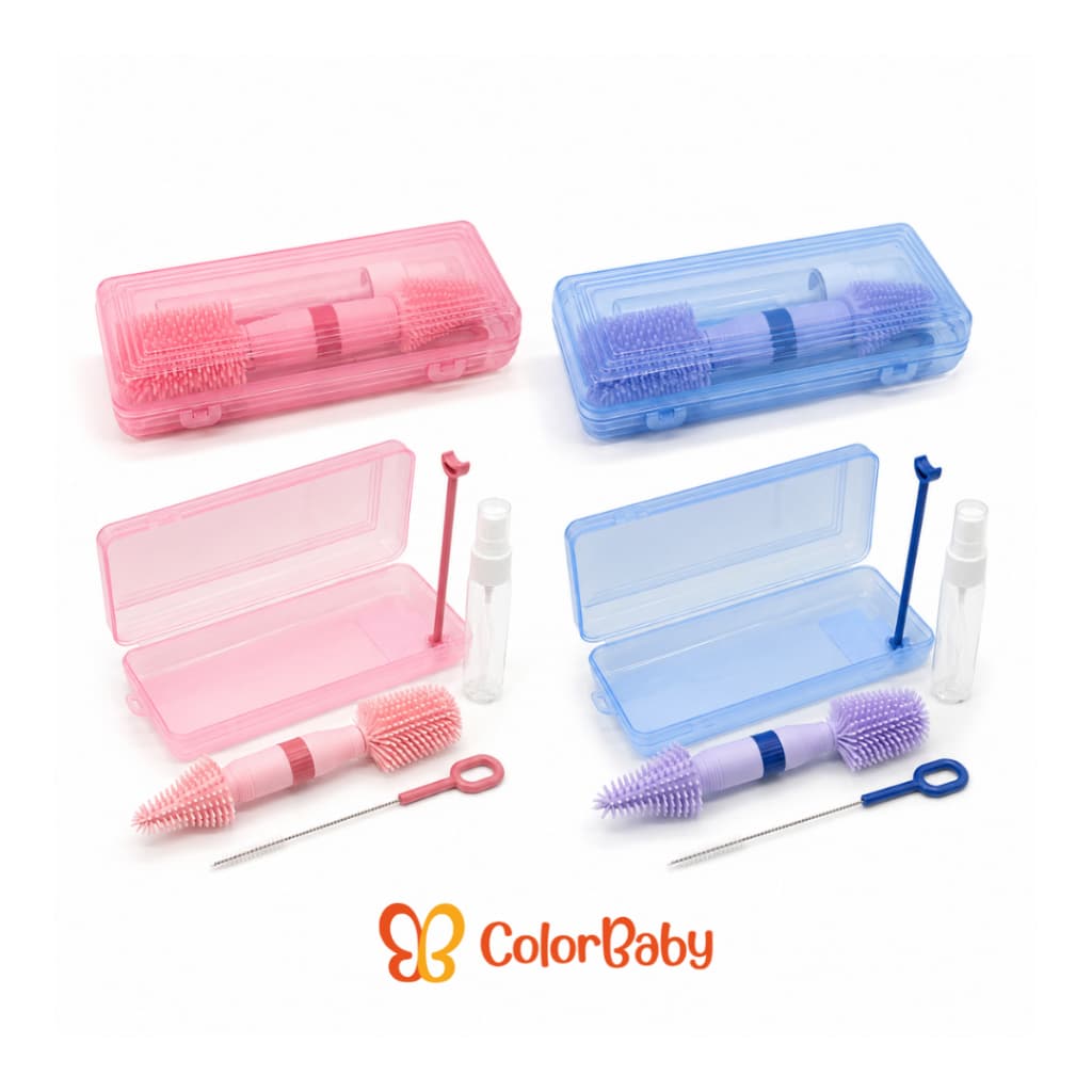 Kit Portátil de Limpeza de Mamadeiras - com Escovas, Borrifador e Suporte - ColorBaby