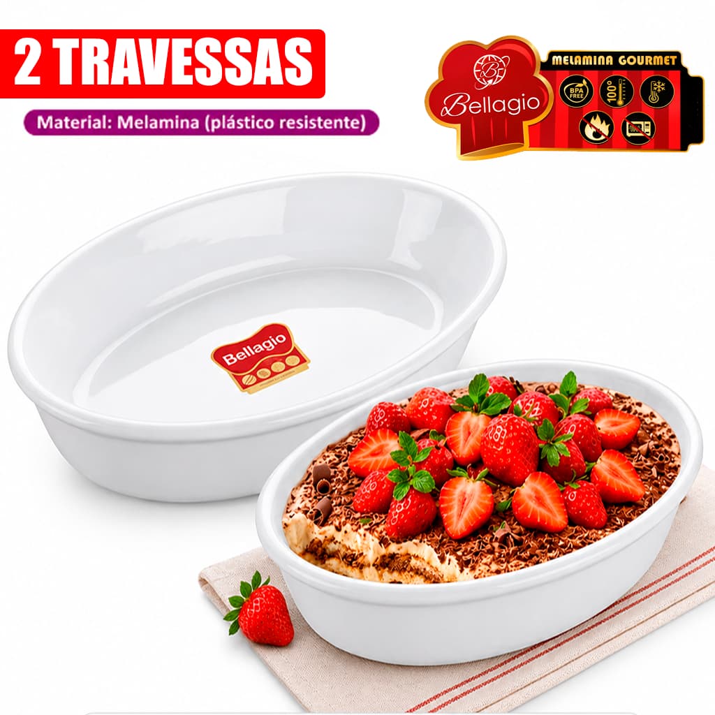 Kit 2 Travessa Oval Bellagio 2L 1,6L em Melamina Gourmet para Servir Assados Massas e Saladas