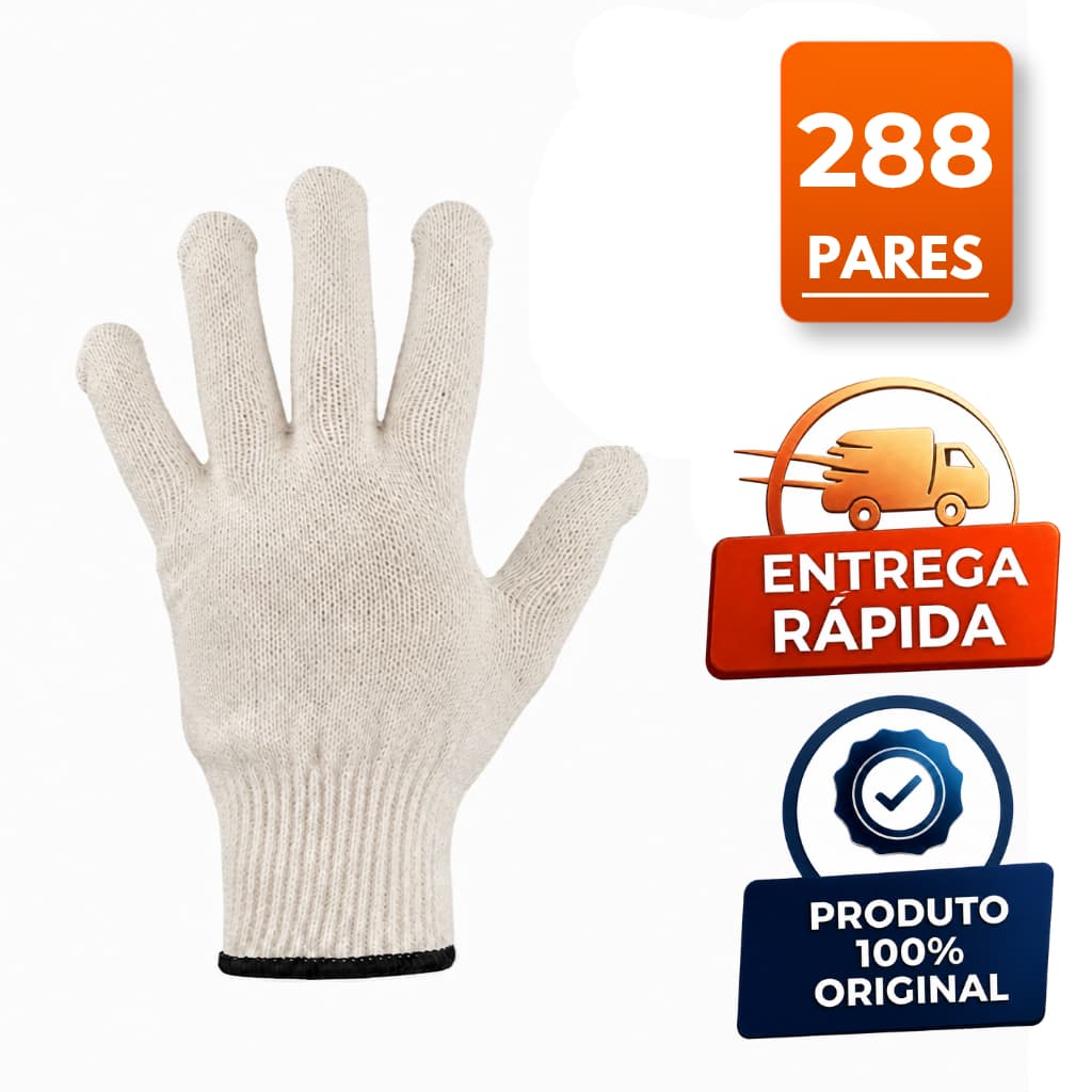 288 Pares Luva Tricotada 4 fios Algodão Resistente Caixa Fechada Construção Mecanica Jardinagem Industria Obra EPI CA