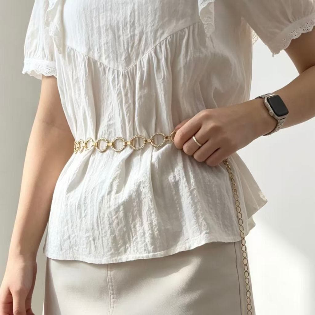 Cinto Corrente de Strass para Cintura, Elegante, Moda Feminina, Acessório para Vestido e Saia, Prata e Dourado