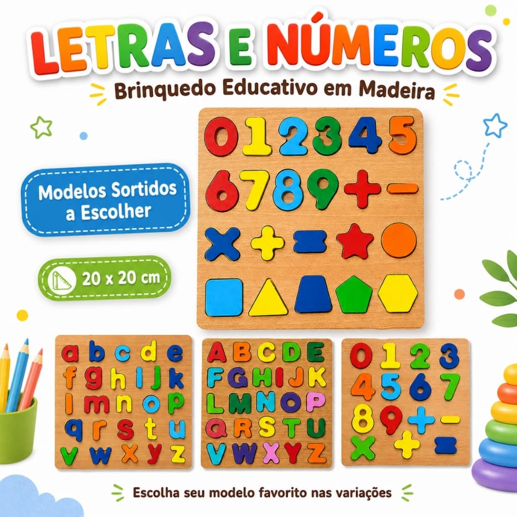Brinquedo Educativo Madeira Alfabeto Letras Números Formas Tabuleiro Infantil Montessori Premium