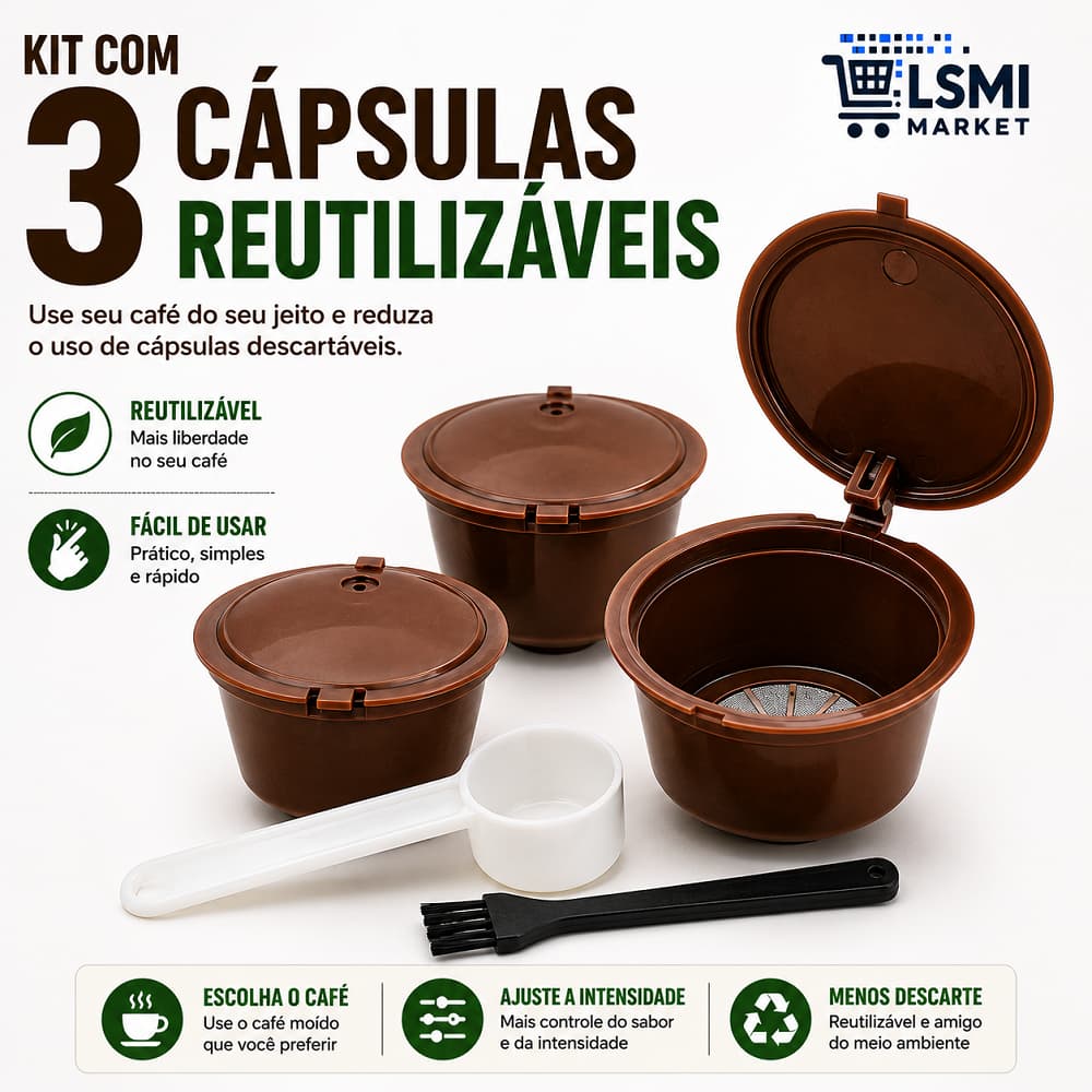 Kit 3 Cápsulas Reutilizáveis para Cafeteira Filtro Recarregável Café Moído Com Colher Medidora e Escova de Limpeza