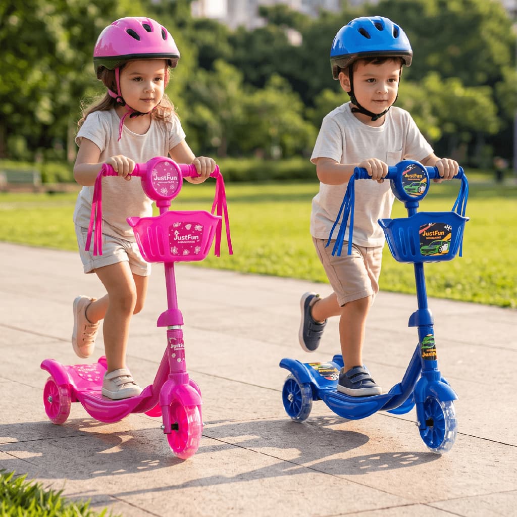 Patinete Infantil 3 Rodas Cesto Musical Guidão Giratório Luz de LED Freio Traseiro Suporta 40kg Azul Rosa