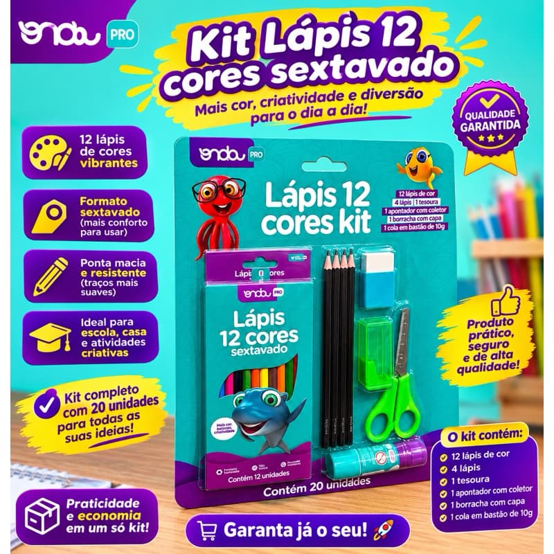 kit Escolar Lápis 12 cores