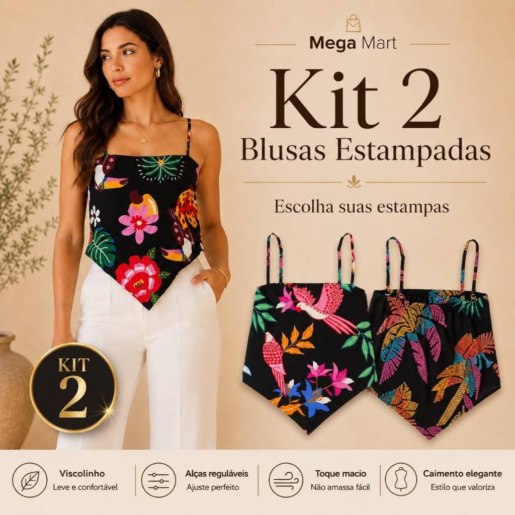 Kit com 2 blusas Lenço Feminina Estampada Visco linho Alça Regulável Elastico nas costas Verão 36 ao 40