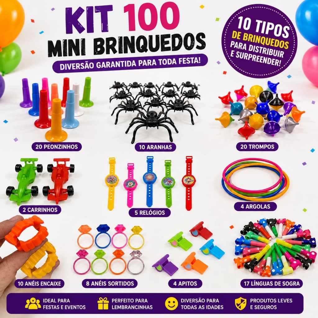 Kit 100 Mini Brinquedos Aniversário Festa Lembrancinha Saquinho Surpresa Dia das Crianças Infantil