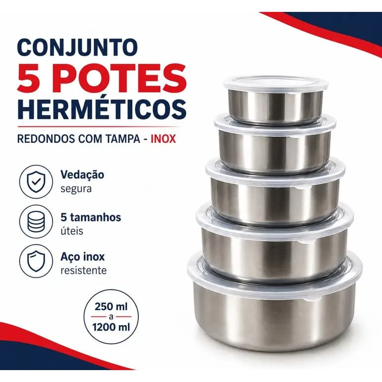 Conjunto Potes Hermeticos Organizador Cozinha Redondos Tampas Vedantes Inox