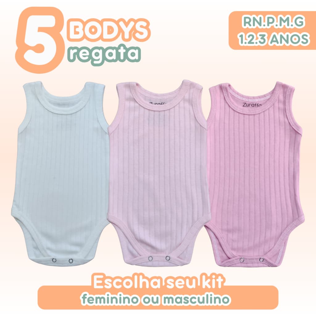 Kit 5 Bodys Regata Bebê Canelado Comfort 100% Algodão Cores Feminino Masculino RN.P.M.G 1.2.3 anos Zuraffa Baby