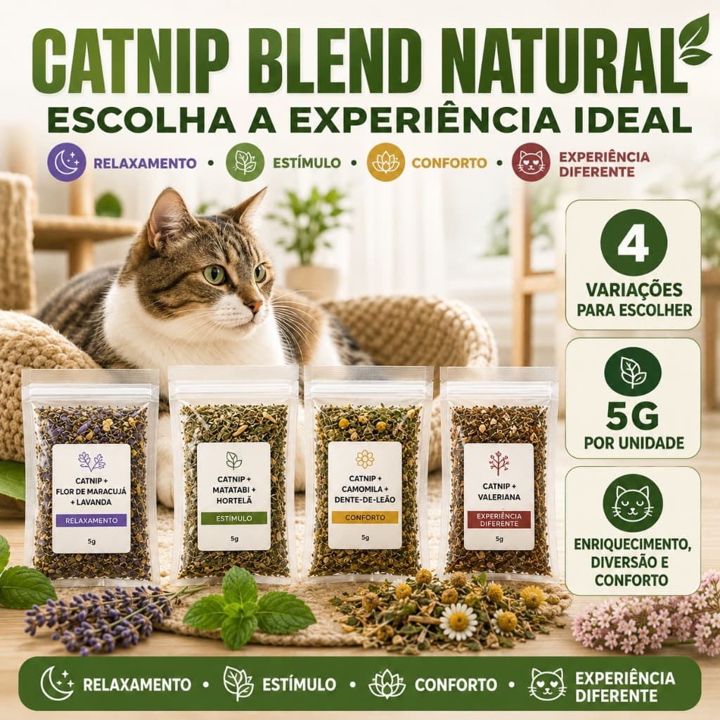 Catnip Erva do Gato Blend Natural 5g Matatabi Lavanda Camomila Valeriana Hortelã Flor de Maracujá Dente de Leão Gatos