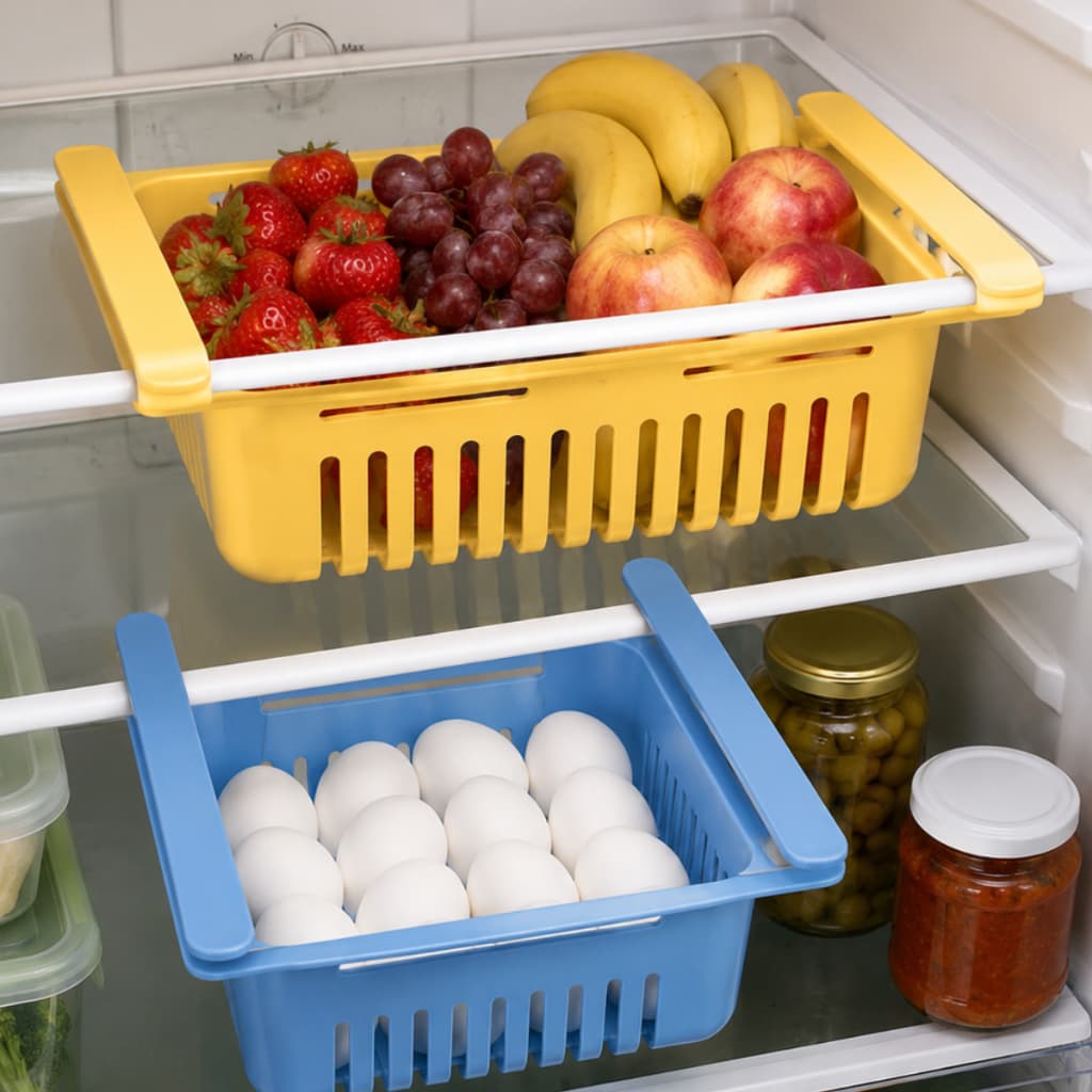 CESTO ORGANIZADOR AJUSTÁVEL PARA GELADEIRA - MULTIFUNCIONAL - COM VENTILAÇÃO PARA CONSERVAÇÃO DE ALIMENTOS