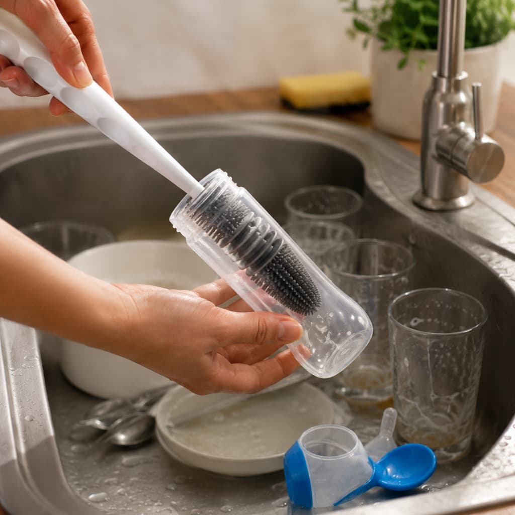 ESCOVA DE SILICONE PARA LIMPEZA DE GARRAFAS, MAMADEIRAS E COPOS - CABO LONGO E CERDAS MACIAS