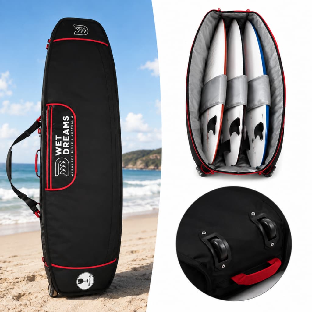 Capa Sarcófago Tripla Para 3 Pranchas de Surf 6'6'' Com Roda Transporte Viajem Wet Dreams Vermelho