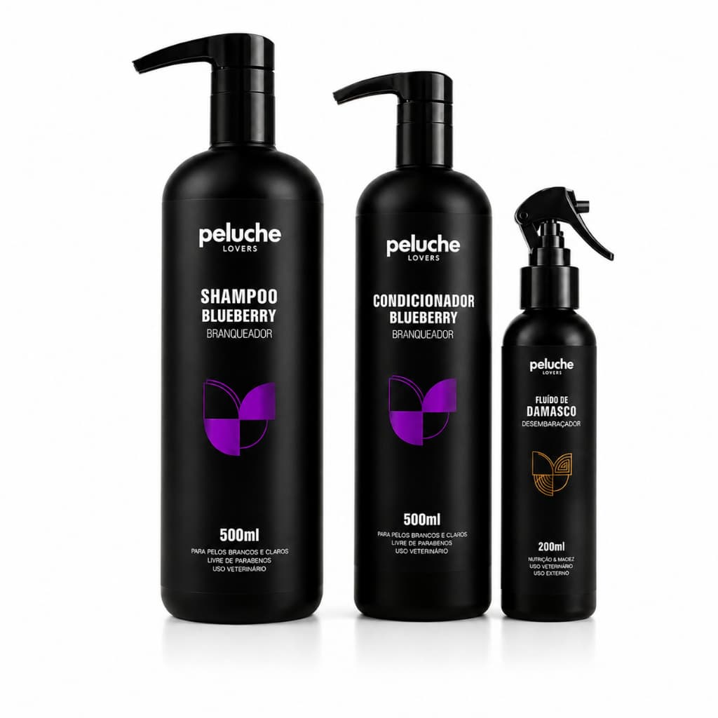 Kit Shampoo Branqueador Blueberry + Condicionador + Desembaraçador Damasco Peluche Pet Cães 3 Itens