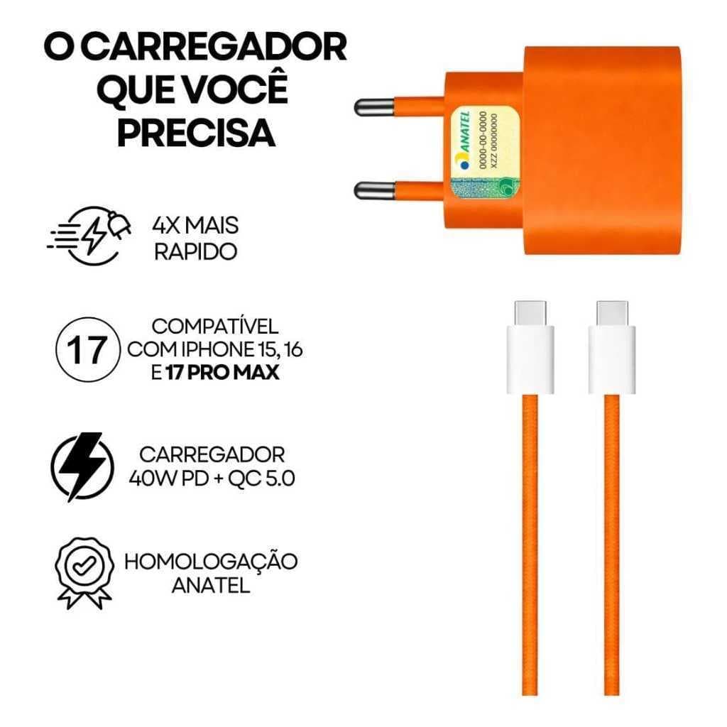 Carregador Turbo 40W Tipo-C + Cabo Reforçado Compatível iPhone Android carregamento rápido