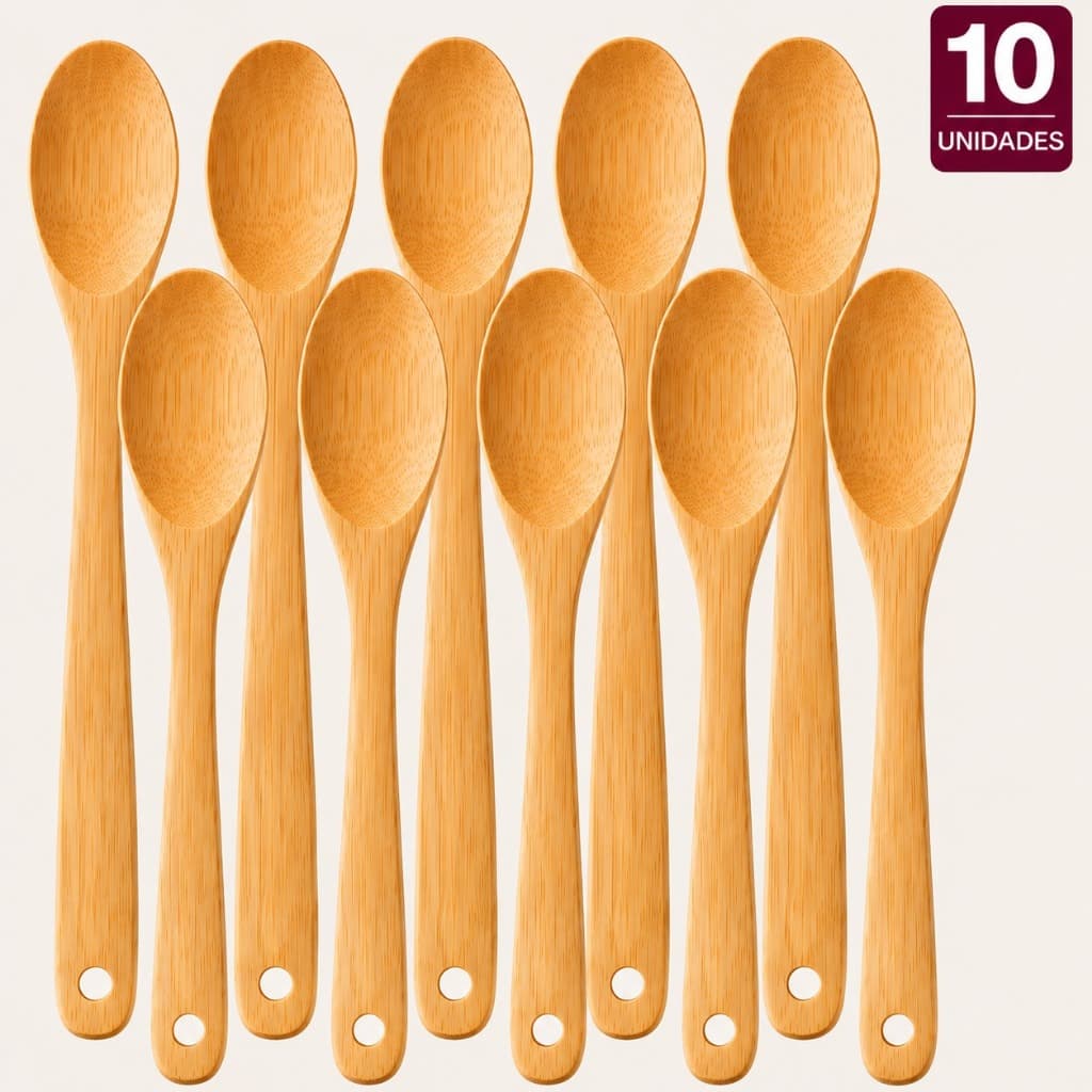 Kit 10 Colher De Bambu 30cm Para Cozinha Servir Refeições Utensílio Resistente Uso Diário Colher de Pau