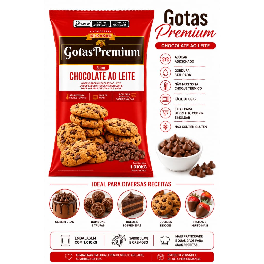 Gotas Premium Chocolate 1kg Para Bolos Doces Cookies Confeitaria