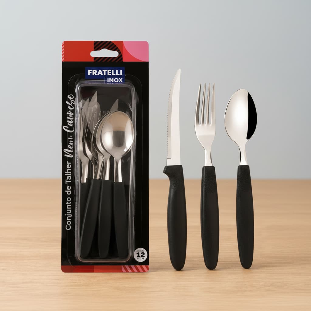 Jogo De Talheres Aço Inox Cor Preta Kit Cozinha Faqueiro 12 Peças Colher Faca Garfo Casa Restaurante