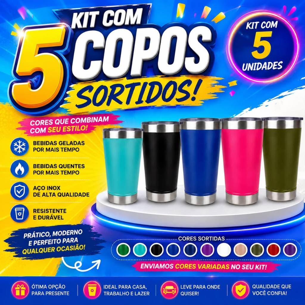 Kit 5/10/20 Copos Termico 473ml Inox Com Tampa e Abridor de Garrafas Cores Sortidas Conserva Gelado E Quente