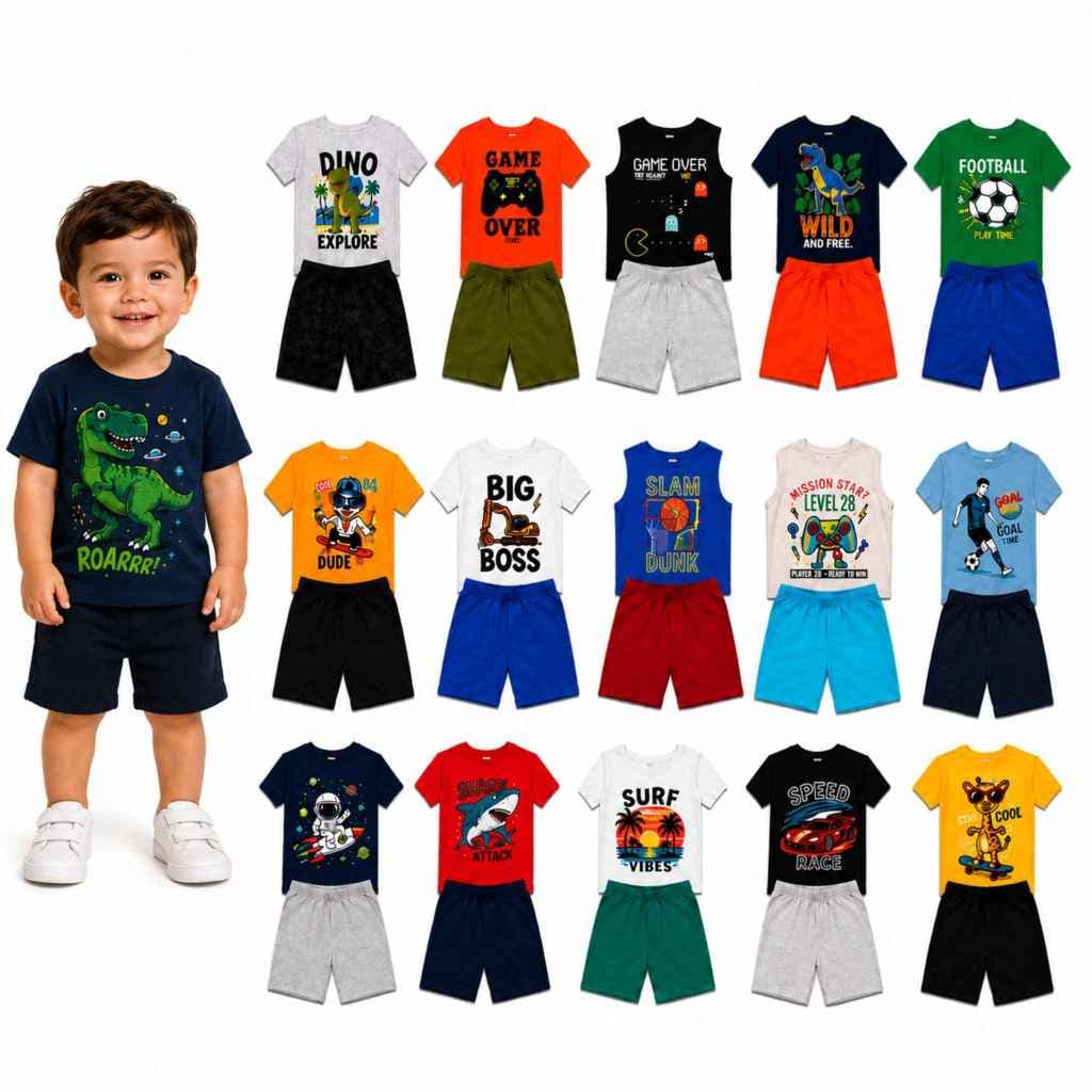 Kit 10 peças Conjunto Verão 5 Camisetas + 5 Bermudas Infantil Masculino/Menino Estampa Sortida