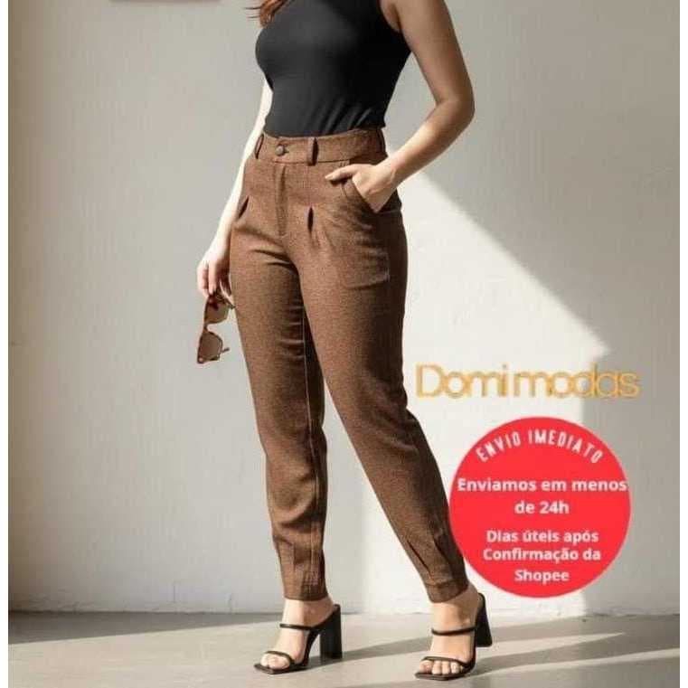 Domi Modas Calça Linho Estilo Cenoura Bolsos Laterais com Zíperes nas Pernas 8449