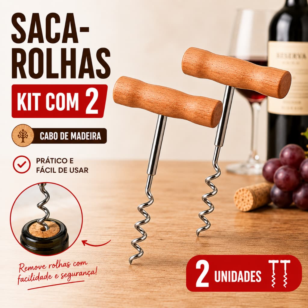 Kit 2 Saca Rolhas Manual Cabo de Madeira Abridor de Garrafa Rolha Espiral Prático Compacto Utensílio de Bar